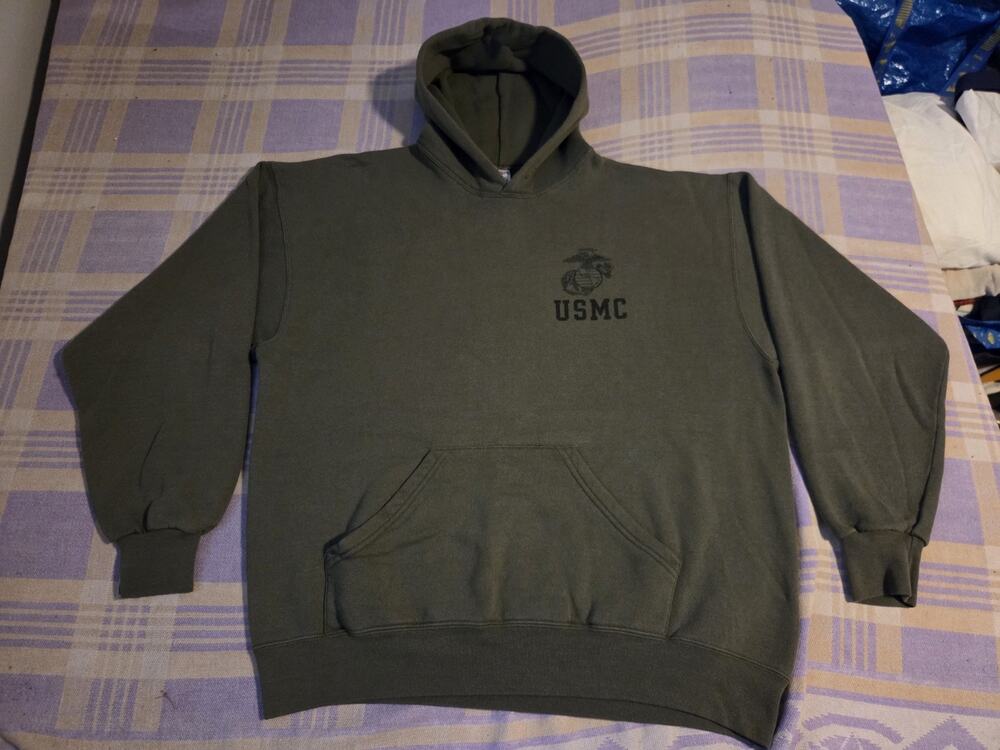 Vintage 80s 90s USMC Marines Green Hoodie Sweatshirt Pullover USA Soffe Heavy